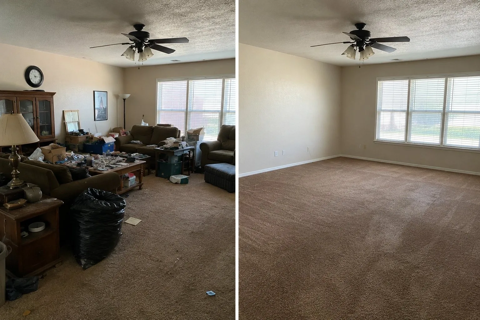 Trash Wrangler junk removal in Midwest City, OK — a living room before and after a cleanout